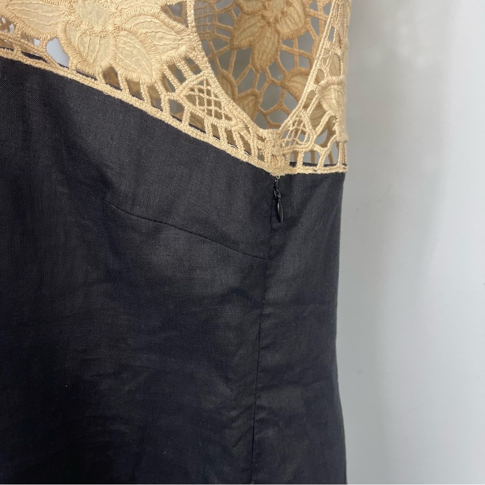 NWT LOFT Black Linen Shift Mini Dress Beige Crochet Lace Floral Neck Color Block - Picture 9 of 13